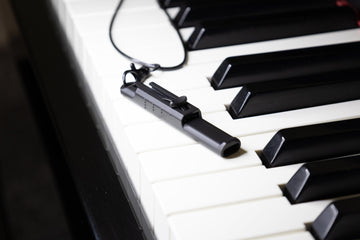 Vocal Trainer resting on piano keys with a necklace attached.